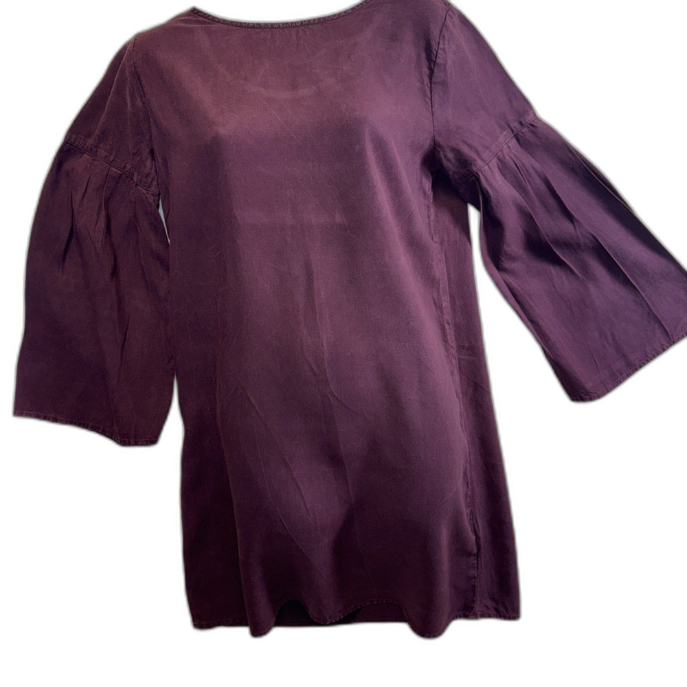 Cloth & Stone Anthropologie Maroon Tencel Dress S Small Bell Sleeve Tie Back